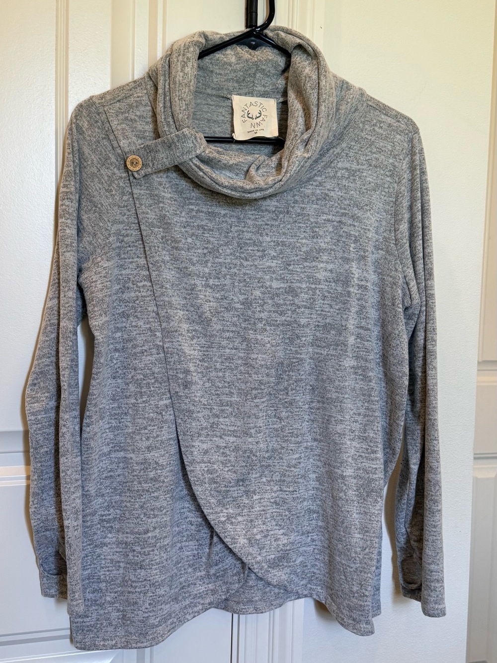 Fantastic Fawn Light Gray Cowl Neck Sweater with Button Accent